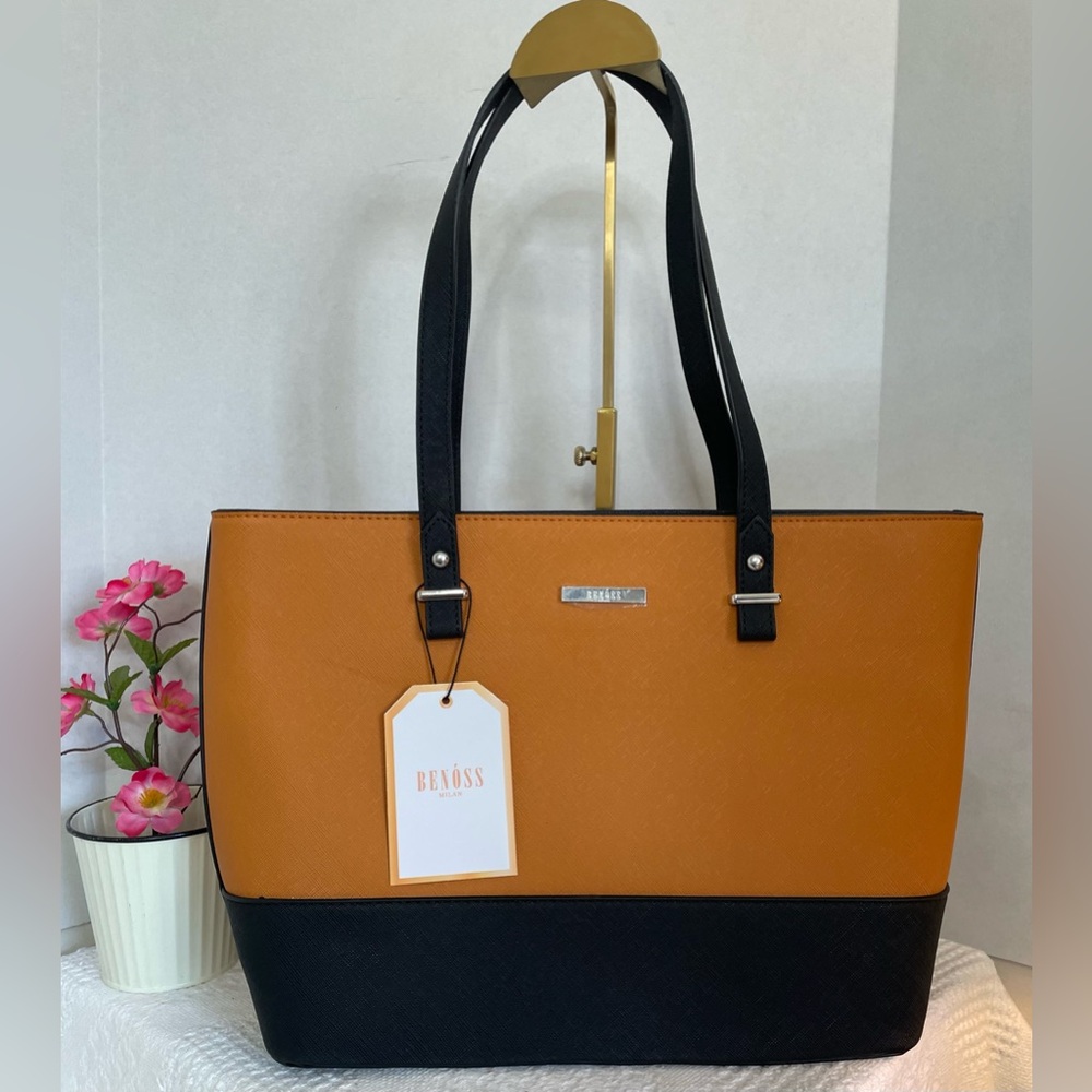 Benoss Two-Tone Caramel and Black Tote Bag‎